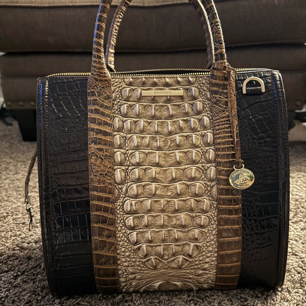 Brahmin Black and Brown Satchel with Croc-Embossed Design